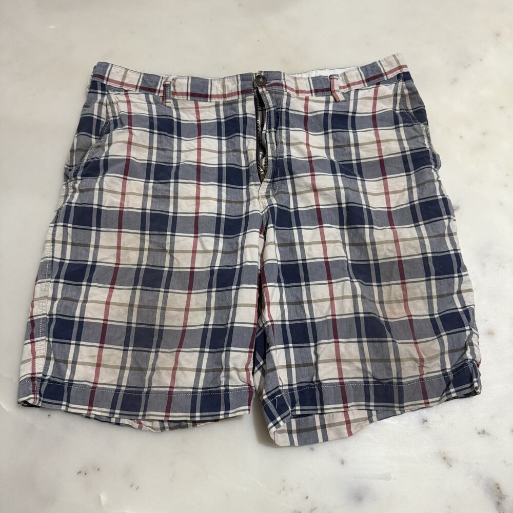 Lands' End Plaid Shorts Men’s 38 Traditional Fit Cotton Casual Shorts Navy Beige